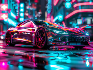 Electric car - Car in a futuristic city filled with neon lights - obrazy, fototapety, plakaty