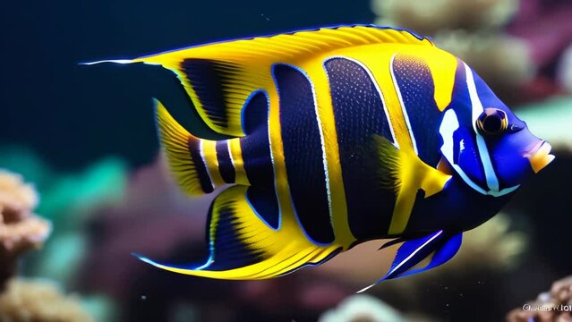 Queen angelfish (Holacanthus ciliaris), also known as the blue angelfish, golden angelfish or yellow angelfish underwater in sea with corals in background. Isolated closeup.