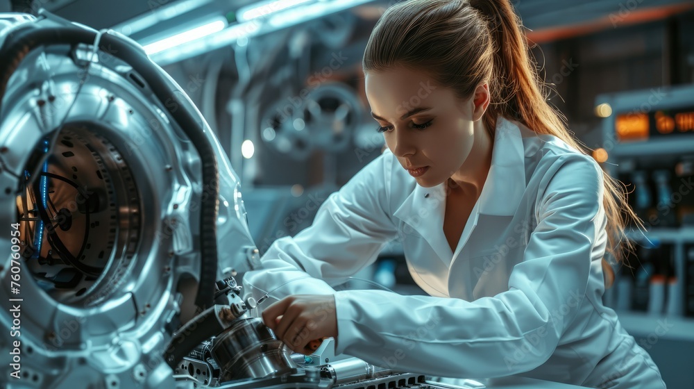 Poster Female engineer is fitting a futuristic car body part in a futuristic laboratory. Generative AI.