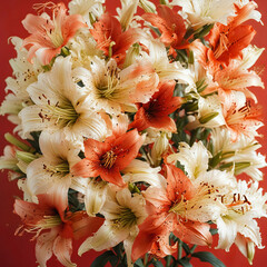 Red Background Lily Bouquet with Metallic Accents Gen AI