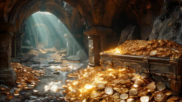 captivating scene of a treasure chest overflowing with gold coins in an ancient, mystical cave, lit by ethereal light