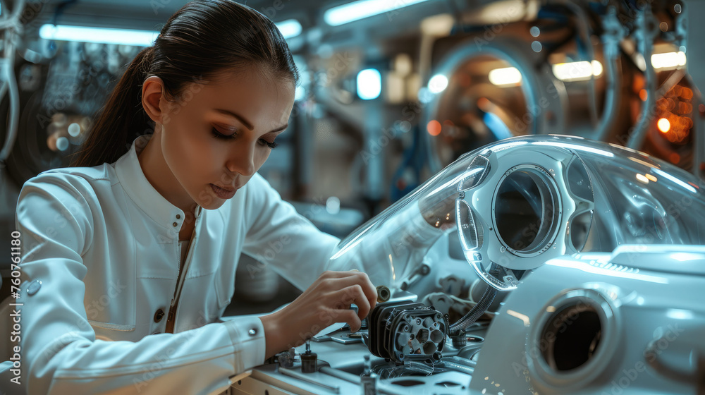 Poster female engineer is fitting a futuristic car body part in a futuristic laboratory. generative ai.