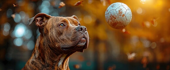 A heartwarming moment unfolds as a dog leaps into the air to head a soccer ball, his determination evident in the focused intensity of his gaze - obrazy, fototapety, plakaty