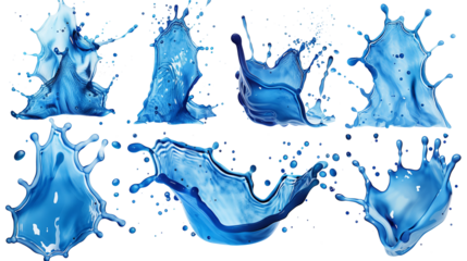 Set of blue Ink drops, blots, splashes on transparent background, png