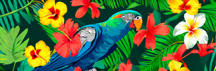A vivid blue big parrot amidst a burst of tropical flowers, a lively and colorful scene.
