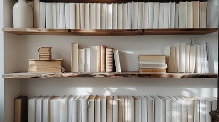 White books, wooden shelf, The overall mood feels calm and peaceful. Generative AI.