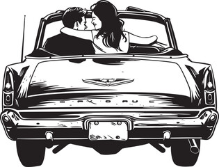 Windblown Affection Iconic Emblem of Convertible Love Open Air Devotion Loving Couples Back View Vector Illustration
