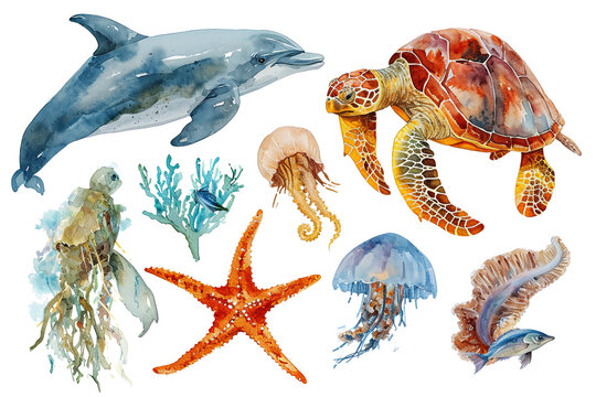 Hand drawn watercolor sea animals illustration with octopus, ocean fish, turtle, whale, jellyfish, starfish on white background