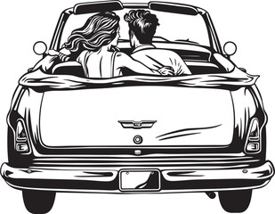 Top Down Tenderness Vector Design of Loving Couple in Convertible Car Windy Wanderlust Iconic Emblem of Couples Back View in Car