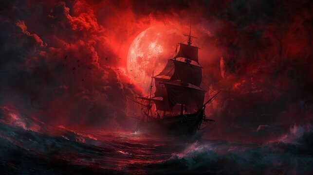 Flying Dutchman sailing under a blood-red moon, tattered sails billowing, surrounded by a swirling, spectral maelstrom