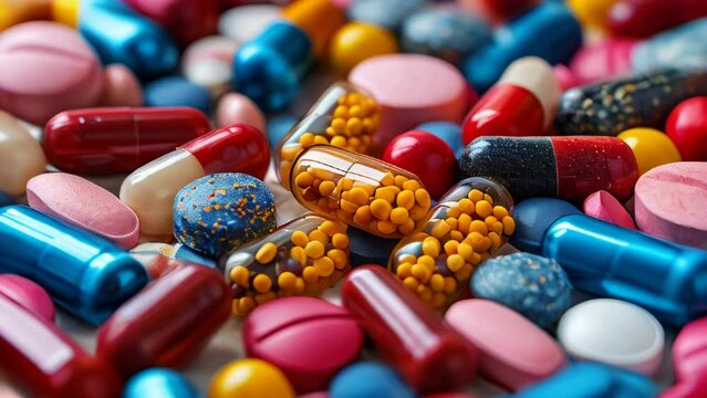 variety of pharmaceutical pills and capsules in different shapes, sizes, and colors, representing medication and healthcare