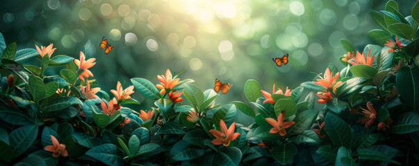 Obraz na płótnie Canvas Orange flowers and green leaves with fluttering butterflies. Close-up with copy space. Springtime and nature concept design for poster, banner, greeting card.