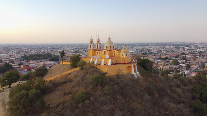 DRONE PHOTOGRAPH OF IGLESIA DEL CERRITO IN SAN ANDRES CHOLULA PUEBLA, MEXICO