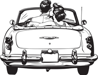 Sunset Silhouettes Iconic Emblem of Couples Back View in Convertible Car Freedom Drive Vector Logo Design of Loving Couple in Convertible Car
