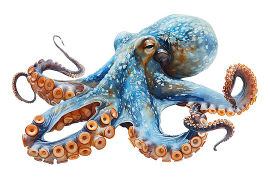 Hand drawn watercolor sea animals illustration with octopus on transparent background
