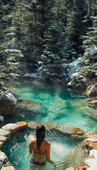 Woman in a thermal pool overlooking a Winter Pine Forest. Hot Spring Pool in spa Alaskan wilderness.