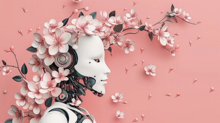 Biały nowoczesny robot z kwiatami we włosach jest przedstawiona na różowym tle. Pokaz uczuć i łagodności. - obrazy, fototapety, plakaty