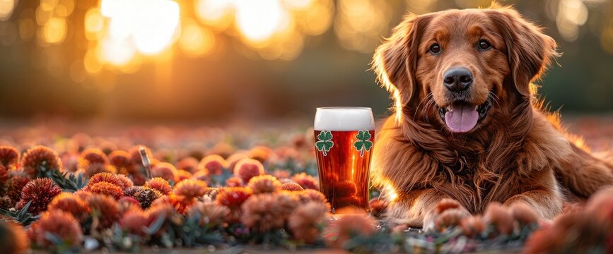A jubilant Labrador Retriever adorned with shamrock accessories, enjoying a St. Patrick's Day celebration in a sunlit park, with a pint of beer nearby, Wallpaper Pictures, Background Hd