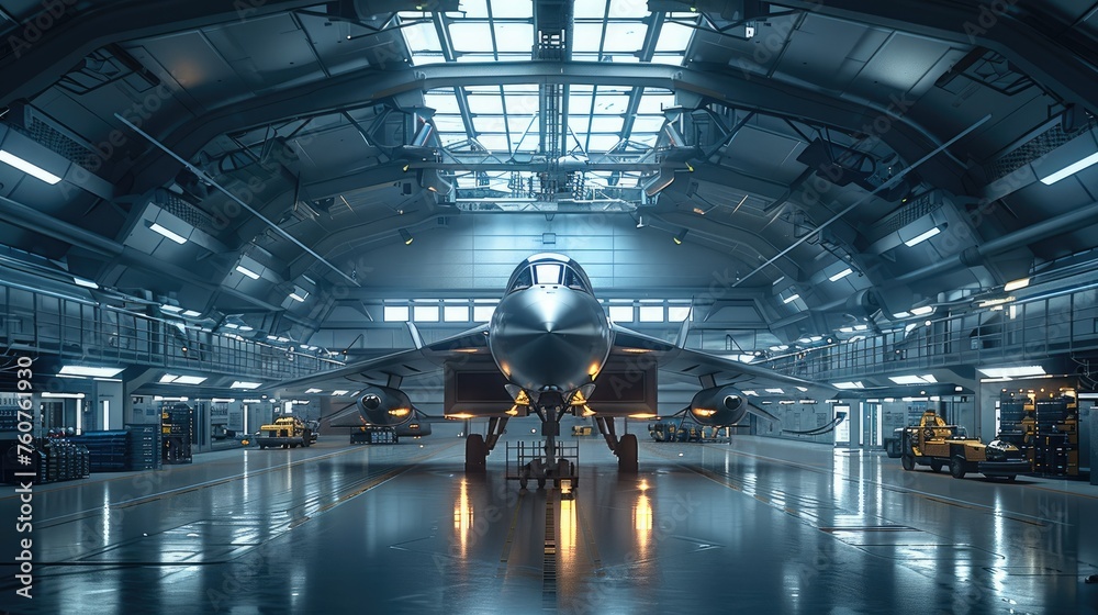 Poster a large hangar on the space station. the hangar has two floors and houses one spaceship. generative 