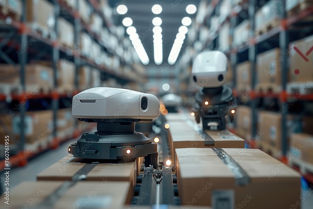 Leinwandbilder AI Automation in Logistics. Automated Robot Carriers In Smart Distribution Warehouse. Generative AI.