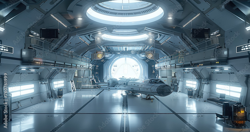 Poster a large hangar on the space station. the hangar has two floors and houses one spaceship. generative 