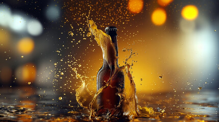 A bottle of beer has been captured at the moment of a high-energy splash, with liquid bursting forth from the bottleneck in a dynamic spray - obrazy, fototapety, plakaty
