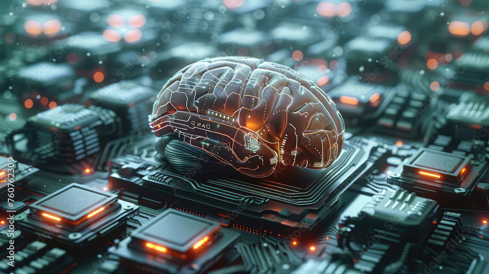 Poster AI elements like neural nets and a human brain plus computer chips. Generative AI.