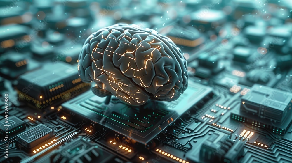 Poster AI elements like neural nets and a human brain plus computer chips. Generative AI.
