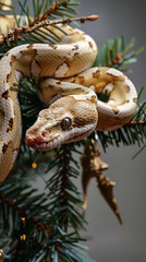 Christmas tree branch with snake like a garland, symbol of 2025 new year, calendar front page or vertical greeting card template.