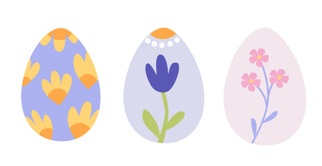 Set of Easter eggs with floral patterns isolated on white background. Spring flowers and Easter celebration concept for greeting cards and decorations