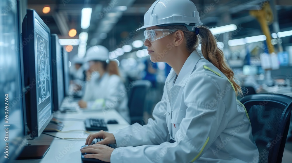 Poster Engineering team in high-tech factory, male and female engineers analyzing computer screen, intricate robotic design, advanced machinery background. Generative AI.