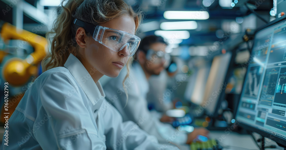 Leinwandbilder Engineering team in high-tech factory, male and female engineers analyzing computer screen, intricate robotic design, advanced machinery background. Generative AI.