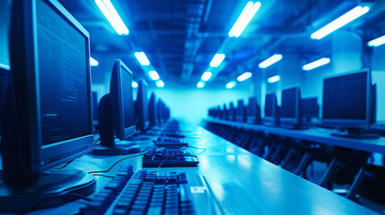 A row of computer monitors on desks with keyboards and mice in a dark room illuminated by blue screen light.
