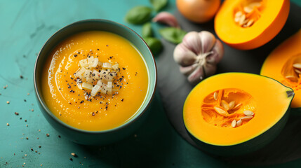 Pumpkin soup with onions and peppers in a green hue
