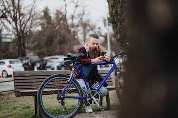 Hipster man with beard texting on his phone, taking a break on a park bench next to his bike
