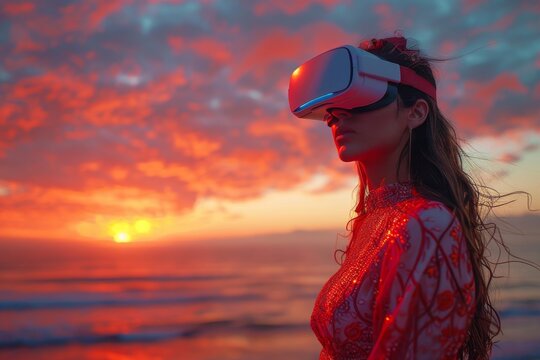 A woman wearing VR headset user, surreal world and virtual reality, colorful flowers fields. Generative AI