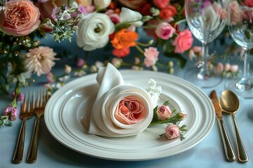 Top view of a white cloth napkin folded into a triangle lies on a plate, a beautifully set table with flowers. Generative AI. - Powered by Adobe