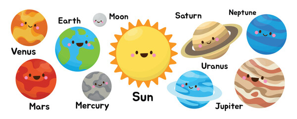 Cute Solar System hand drawn vector. Planet cartoon character of Sun, Mercury, Venus, Earth, Moon,Mars, Jupiter, Saturn, Uranus, Neptune. Astrology mascot illustration for clipart, sticker, poster. © TinyBell