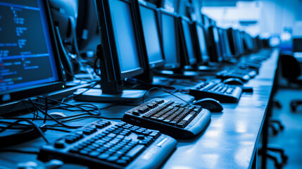 A row of computer monitors on desks with keyboards and mice in a dark room illuminated by blue screen light.
