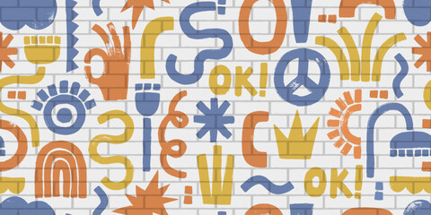 Seamless pattern with colorful graffiti and brick wall. Geometric abstract forms, flowers, curls, eye, hand. Hippie, groovy, retro style.