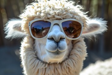 Fototapeta premium Humorous Funny cute alpaca sunglasses. Smile spring. Generate Ai