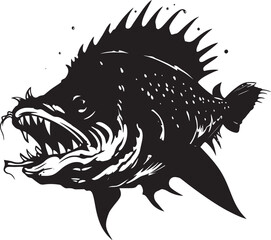 Malevolent Monster Evil Angler Fish Vector Iconography Fiendish Fins Angular Creature Fish Emblem with Sinister Aura