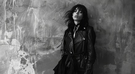Rebel Chic in Monochrome, monochromatic portrait of a woman exuding a rebel chic vibe in a textured leather jacket, set against a grungy wall