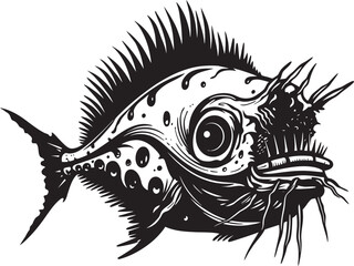Vile Vortex Angular Creature Fish Emblem with Fiendish Touch Sinuous Serpent Evil Angler Fish Vector Iconography