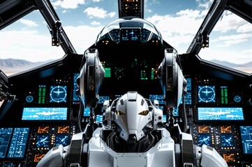 A woman in a white suit with a helmet on her head is piloting a fighter jet