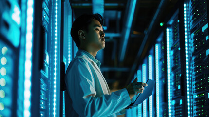 Focused IT professional using a laptop while standing in a server room with racks of network equipment illuminated by blue lights