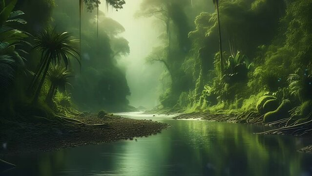 Video background Motion Loop Of Tropical Rain Forest and Rock Cliff with River