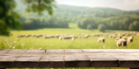 The empty wooden brown table top with blur background of sheep pasture. Exuberant image. generative AI
