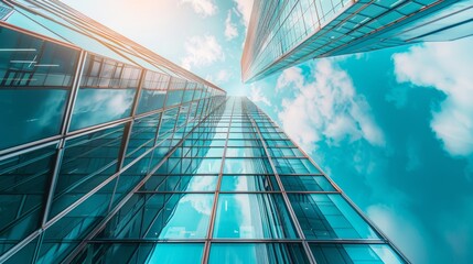 Obraz premium The glass Windows of modern office buildings reflect the blue sky and clouds, symbolizing the transparency of business practices.