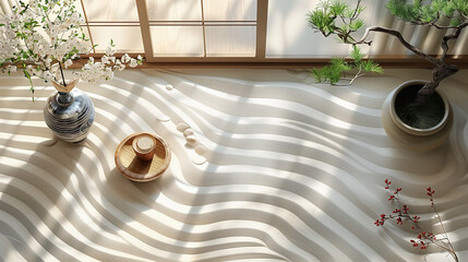 Japanese zen garden with white sand and natural light. Meditation space, relaxation, feng shui, Japanese architecture.